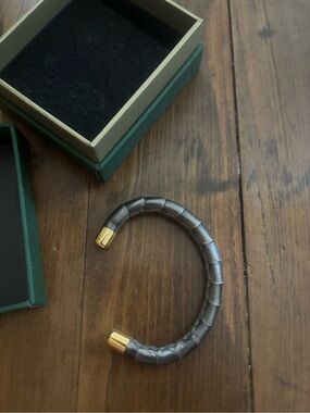 Rustic Cuff Leather Bracelet with Gold Ends - Gray
